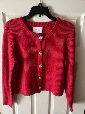 Pink Rose Red Ribbed Crewneck Cardigan with Crystal Buttons